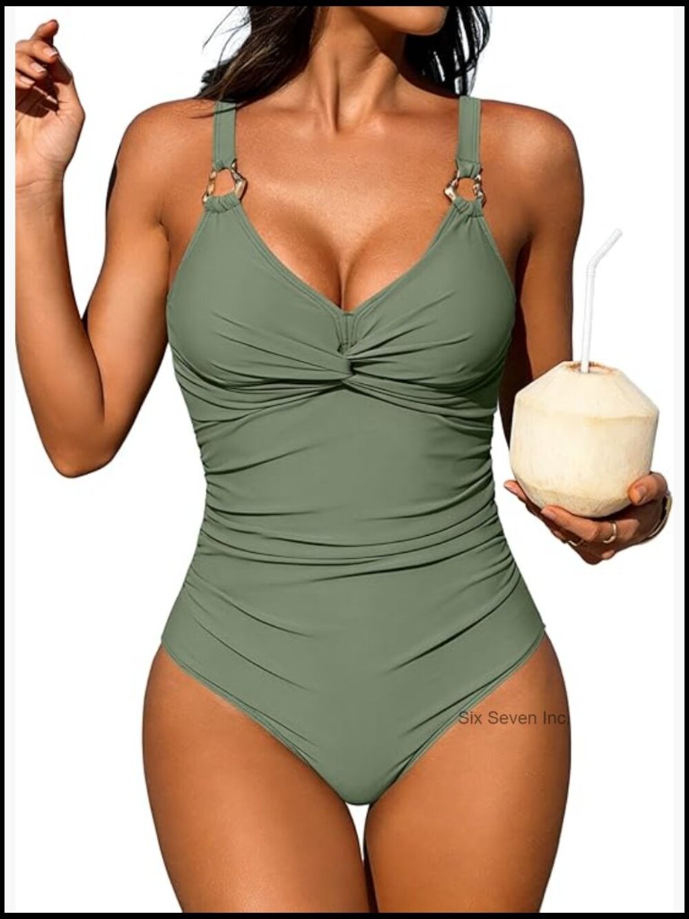 Tummy Control One Piece Swimsuit Push Up Twist Front Slimming Ruched Ring